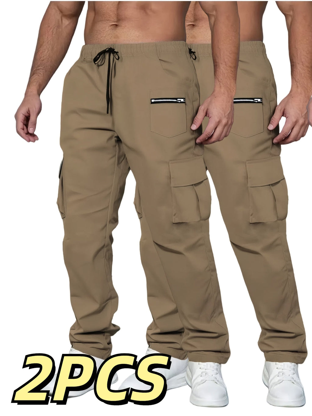 Men's Cargo Pants 2-Pack Multi-Pocket Elastic Waist Drawstring Hiking Trousers Breathable Loose Straight Fit All Season Black Khaki Dark Grey Sizes S-XXL