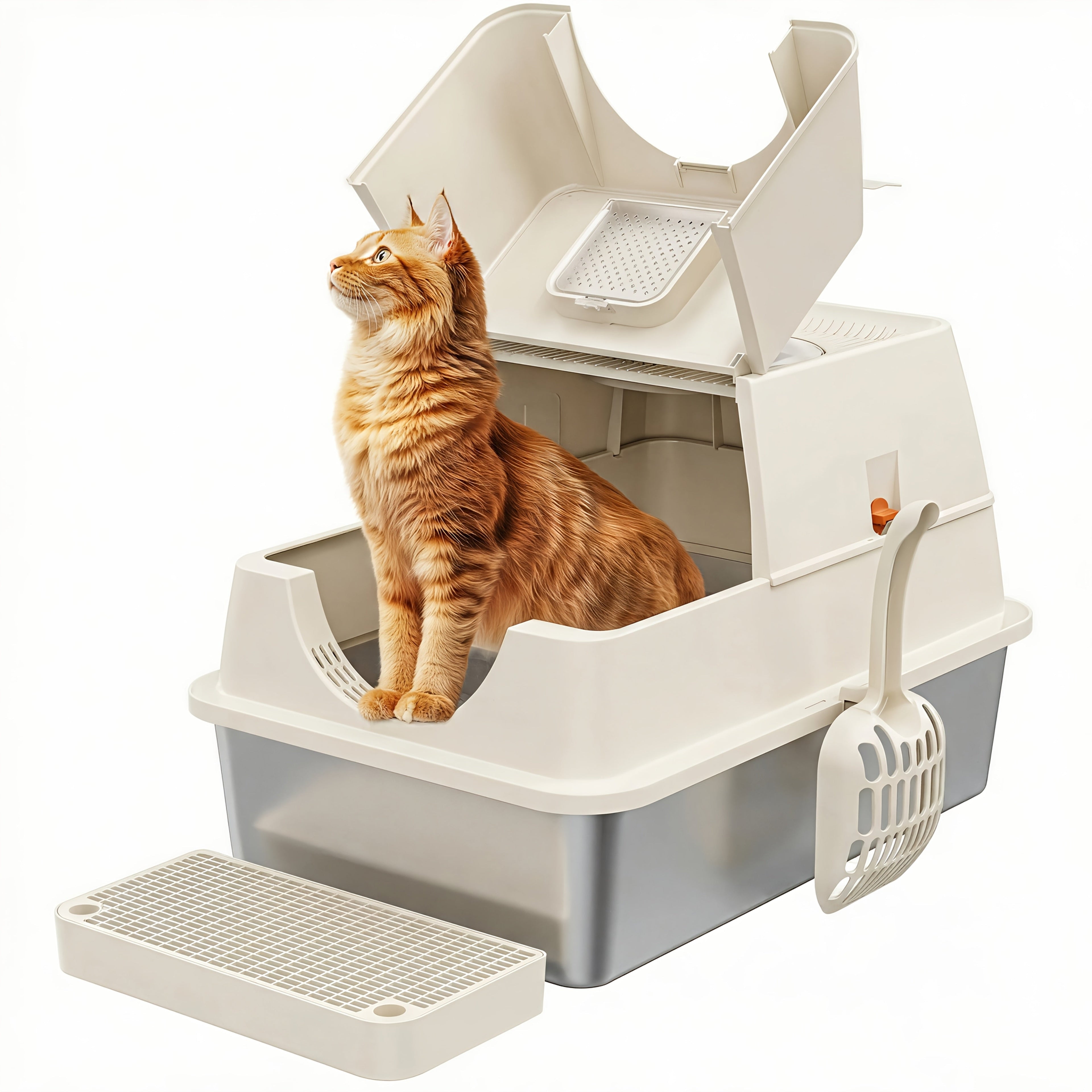 XL Stainless Steel Enclosed Cat Litter Box with Flip Top Lid & High Sidewalls – 3-in-1 Anti-Scatter Metal Litter Pan for Large Cats & Multi-Cat Households