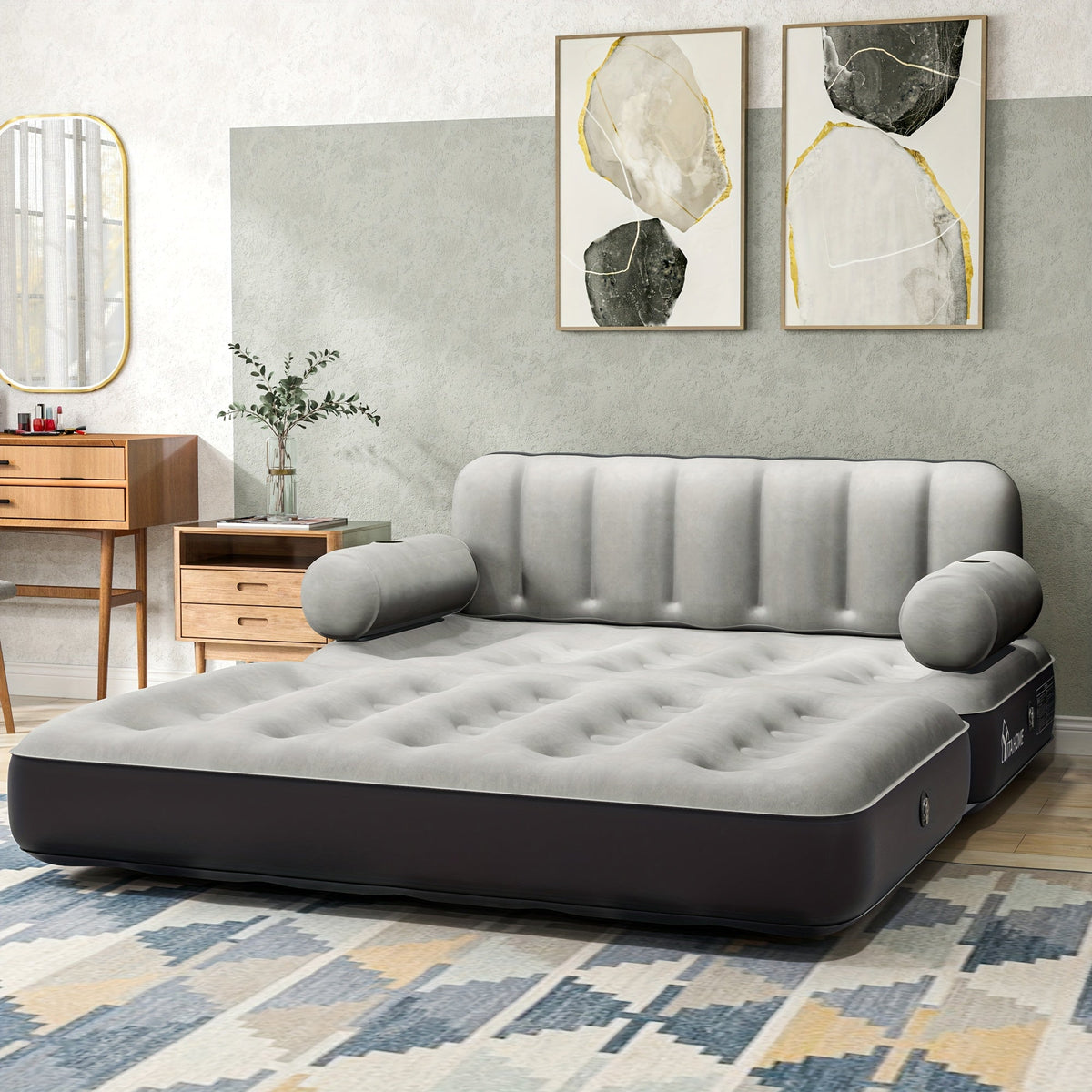 Inflatable Air Sofa Bed 2-in-1 Queen Size – Portable Blow Up Couch & Airbed with Headboard, Cup Holders, External Pump & Storage Bag, 440 lb Capacity for Home, Camping, Guests & Dorms