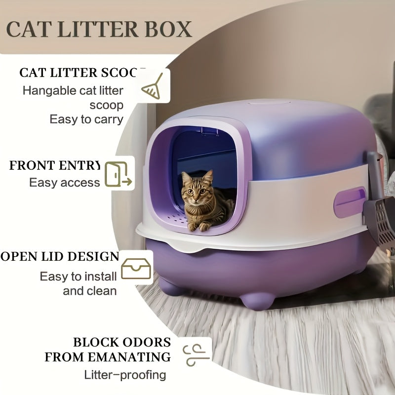 Covered Cat Litter Box with Scoop – Spacious Fully Enclosed Spill-Proof Design, Easy to Clean & Store, Ideal for Small to Medium Cats, Available in Gray Purple & Blue