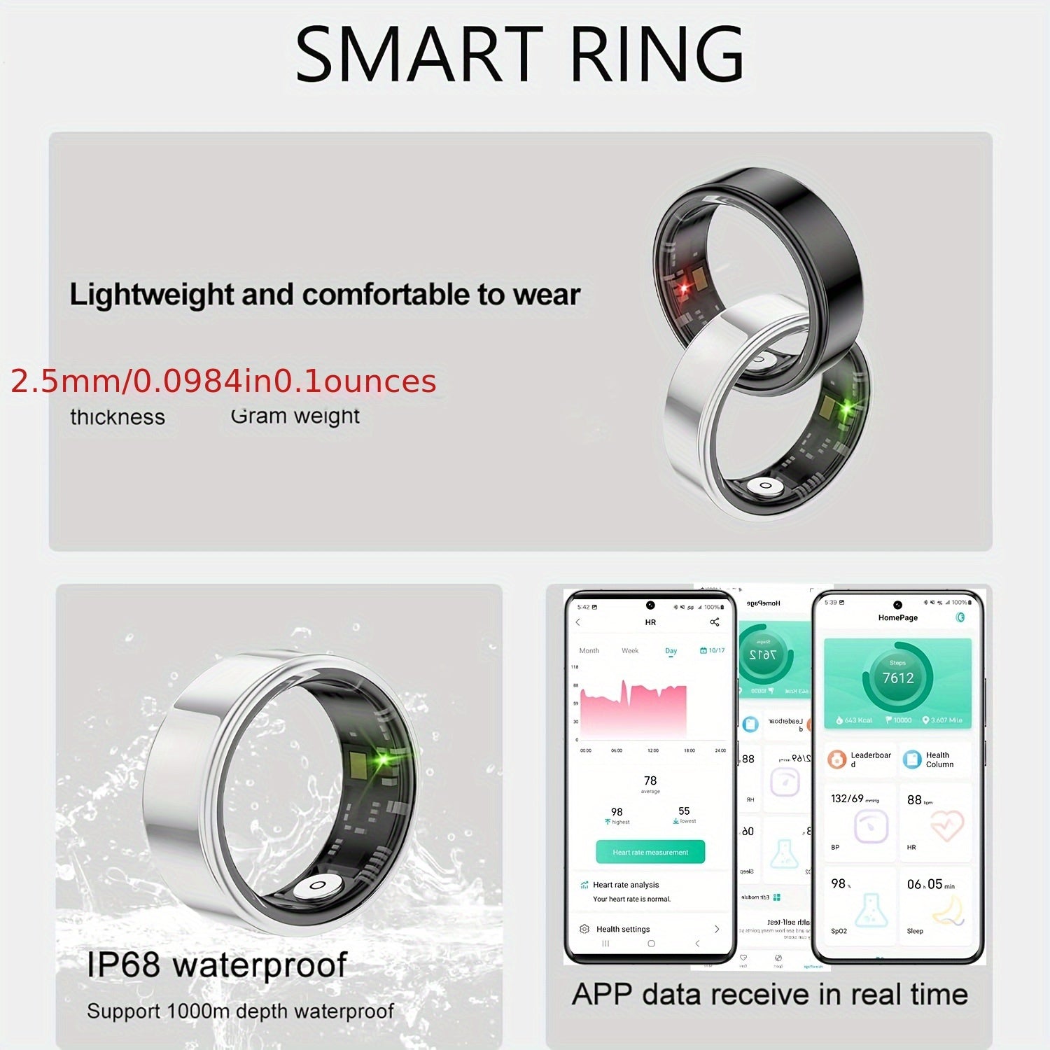 Smart Ring Health Fitness Tracker Bluetooth 5.3 IP68 Waterproof Sport Mode Pedometer Sleep Step Calorie Stress Body Temp Period Tracker for Men Women Android iPhone Gift