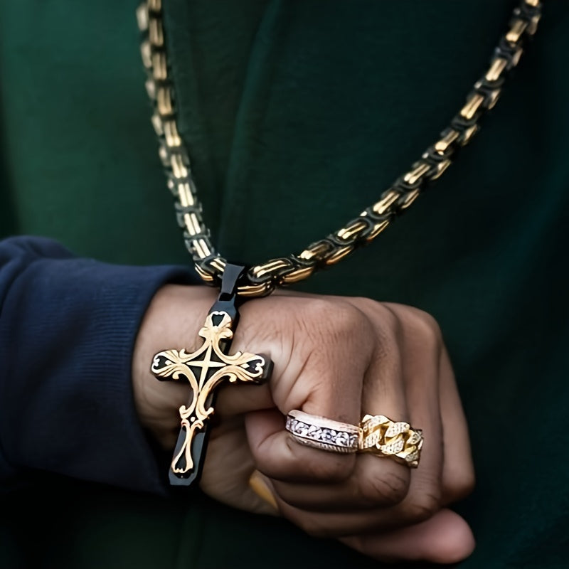 Men's Stainless Steel Cross Necklace Set 2pcs Cuban Chain with Cross Pendant Retro Hip Hop Fashion Jewelry for Men - Bold Statement Necklace Gift for Him Birthday Christmas