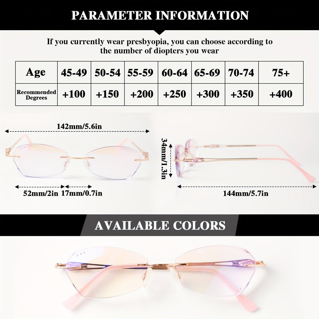 Women's Pink Rhinestone Reading Glasses with Photochromic Lenses – Elegant Mirror Legs, Gold Alloy Hinge, Strengths +100 to +400, Stylish Ladies Readers Gift for Christmas & Birthday