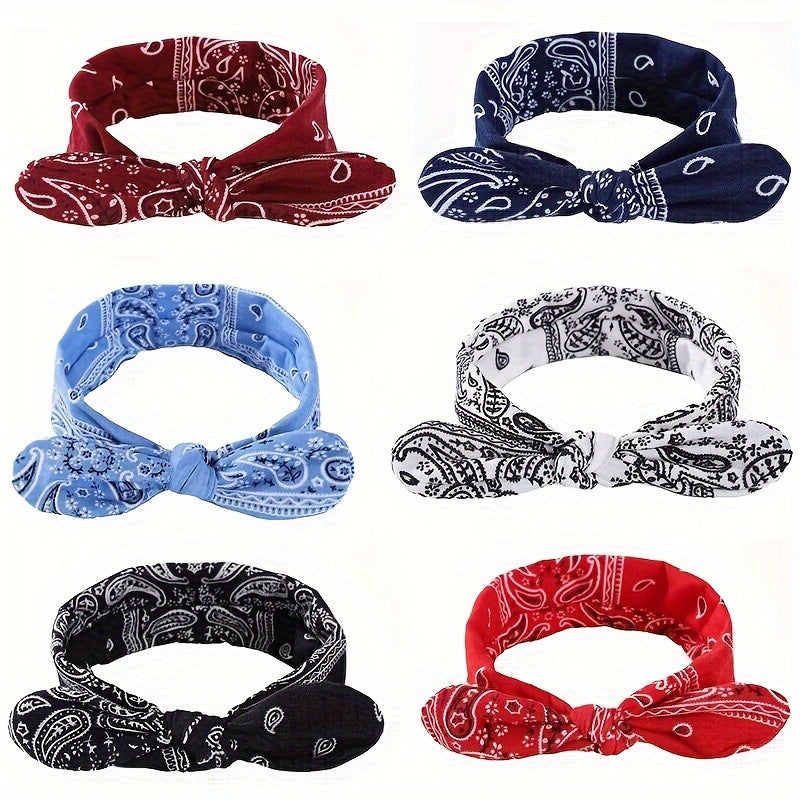 6-Pack Bohemian Paisley Bow Elastic Headbands for Women – Cashew Flower Loose Elastic Headscarves 6 Colors Sky Blue Black Navy Wine Red White Red All Seasons Sports Daily Wear Gift
