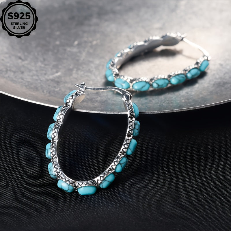 925 Sterling Silver Turquoise Stud Earrings for Women – Bohemian Retro Hypoallergenic Gemstone Studs Daily Wear Boho Jewelry Gift for Ladies Mother's Day Valentine's Day Birthday Anniversary