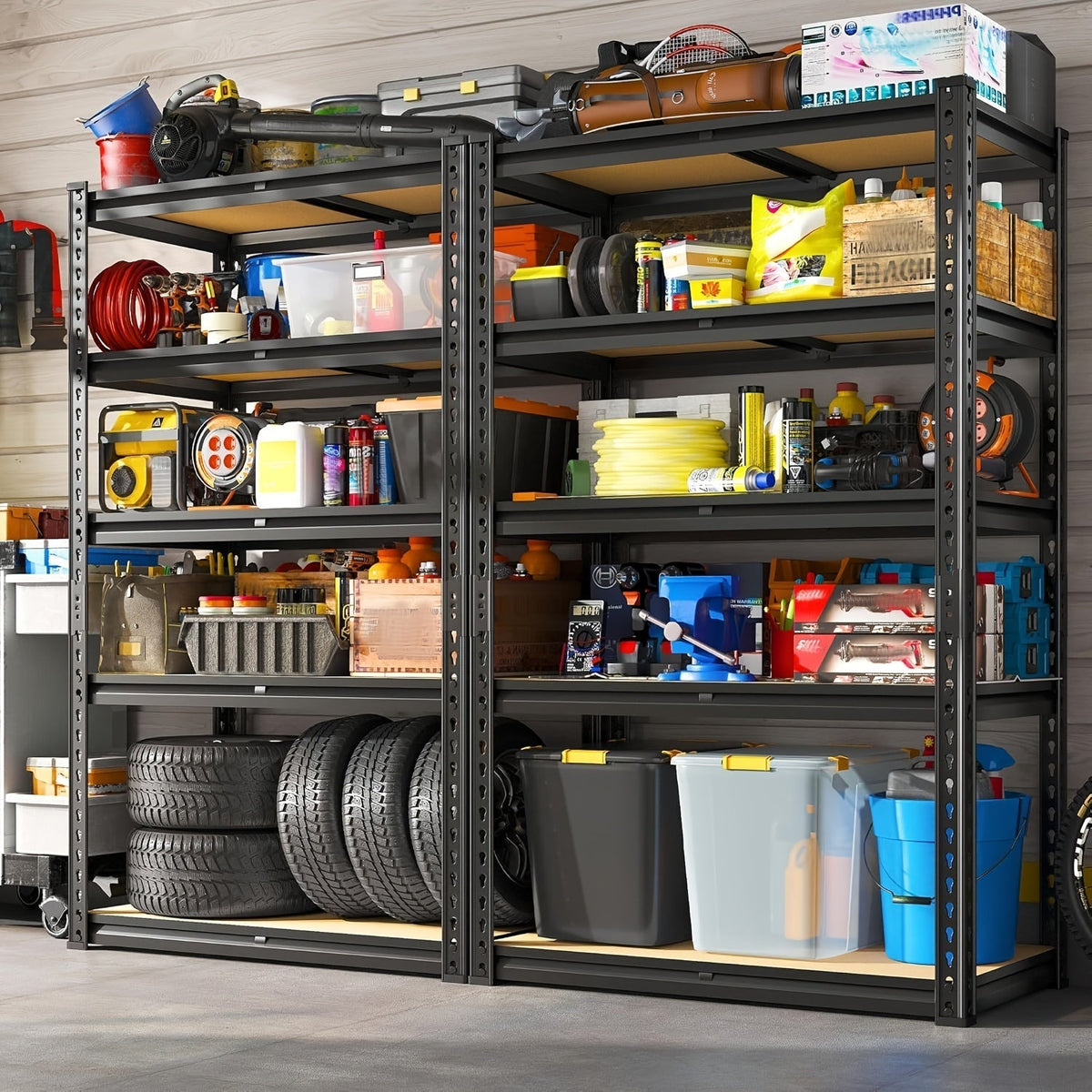 Heavy Duty 5-Tier Metal Garage Shelving Unit 2000 LBS – Adjustable Steel Storage Shelf Rack 60–72 Inch for Garage, Basement, Pantry, Kitchen & Warehouse, Tool-Free Assembly, Black