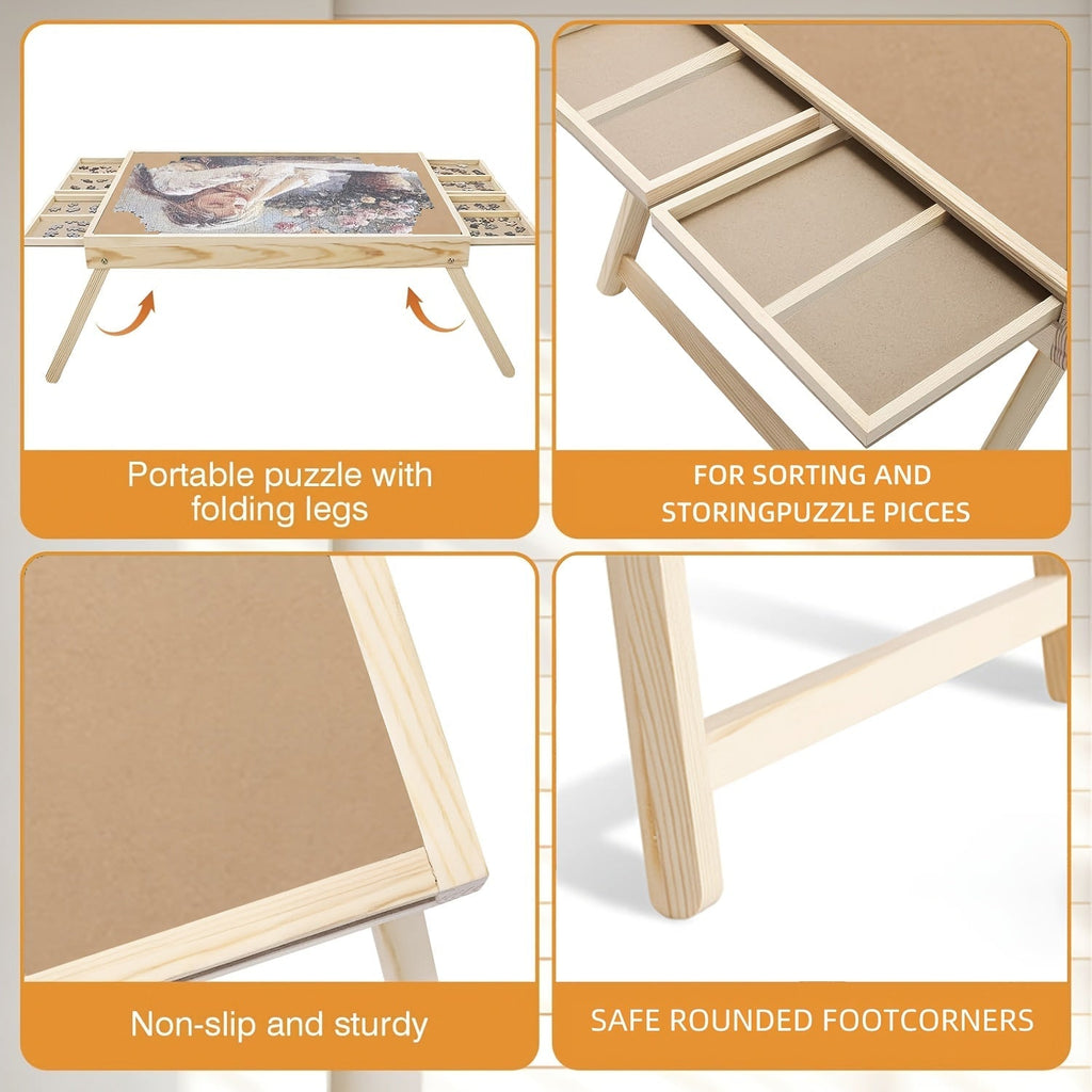 Wooden Puzzle Table with Folding Legs – 4 Drawers & 16 Sorting Grids for 1000 Piece Puzzles | Portable Puzzle Board for Storage & Organization, Home & School Supplies