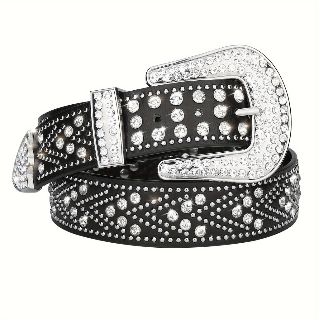 Studded Rhinestone Belt for Men & Women – Y2K Western Cowboy Cowgirl Bling Faux Leather Belt Gold Metal Buckle Punk Style 4 Colors Sizes 28 32 36 40 44 Festival Party Streetwear