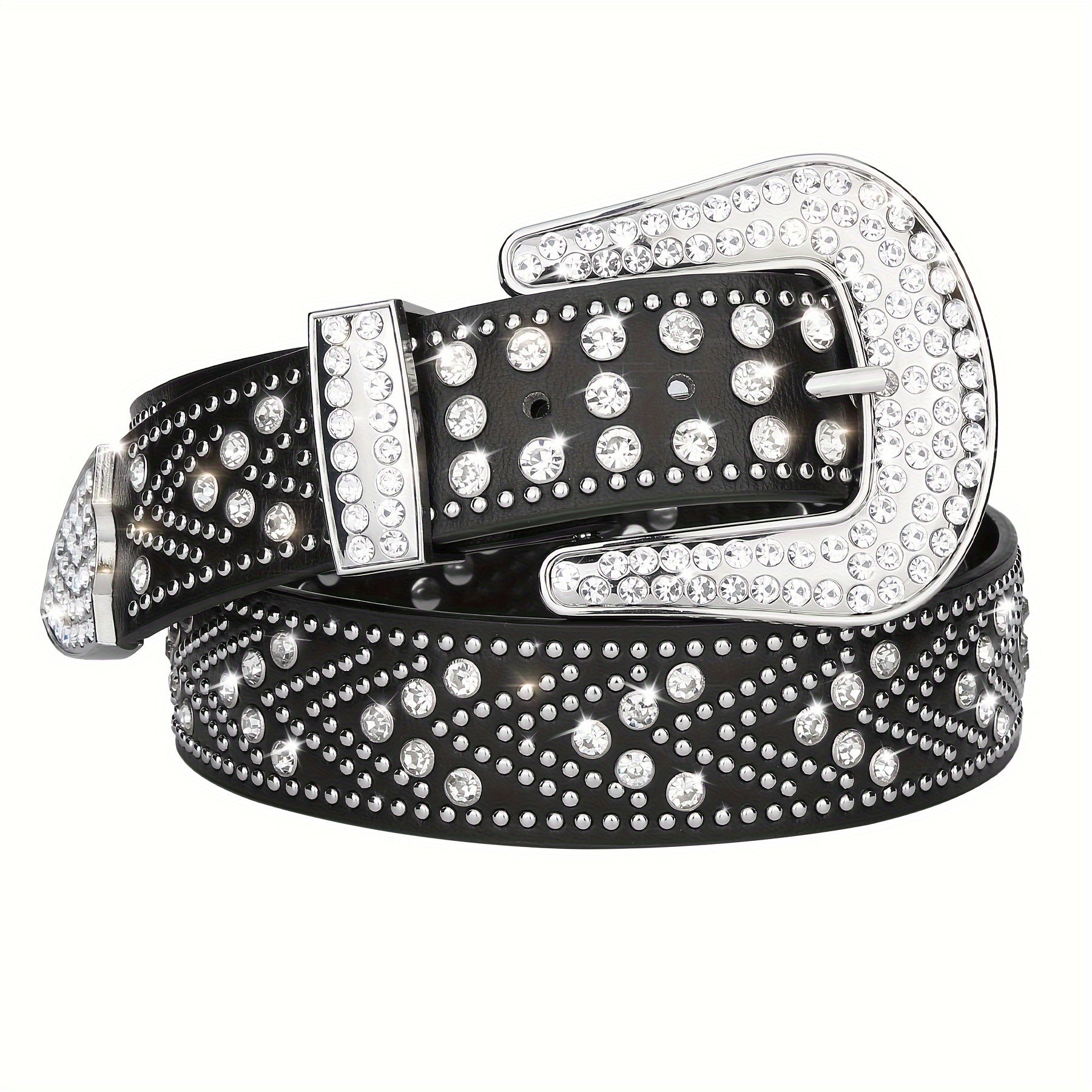 Studded Rhinestone Belt for Men & Women – Y2K Western Cowboy Cowgirl Bling Faux Leather Belt Gold Metal Buckle Punk Style 4 Colors Sizes 28 32 36 40 44 Festival Party Streetwear