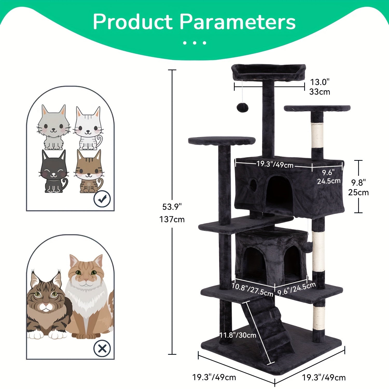 Multi-Level Cat Tree Tower with Scratching Post Indoor Kitten Activity Center Playhouse Easy Assembly 22 54 60 70 Inch Heights 7 Colors Dark Gray Beige Pink Navy Blue Green