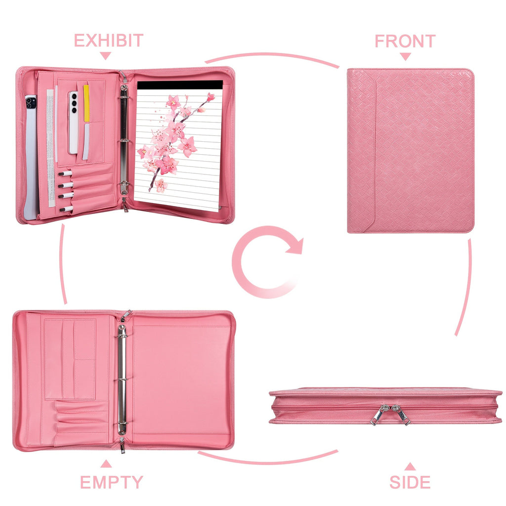 Vegan Leather Portfolio Binder 3-Ring Zipper with Laptop Pocket A4 Legal Work Organizer for Women Men Office School