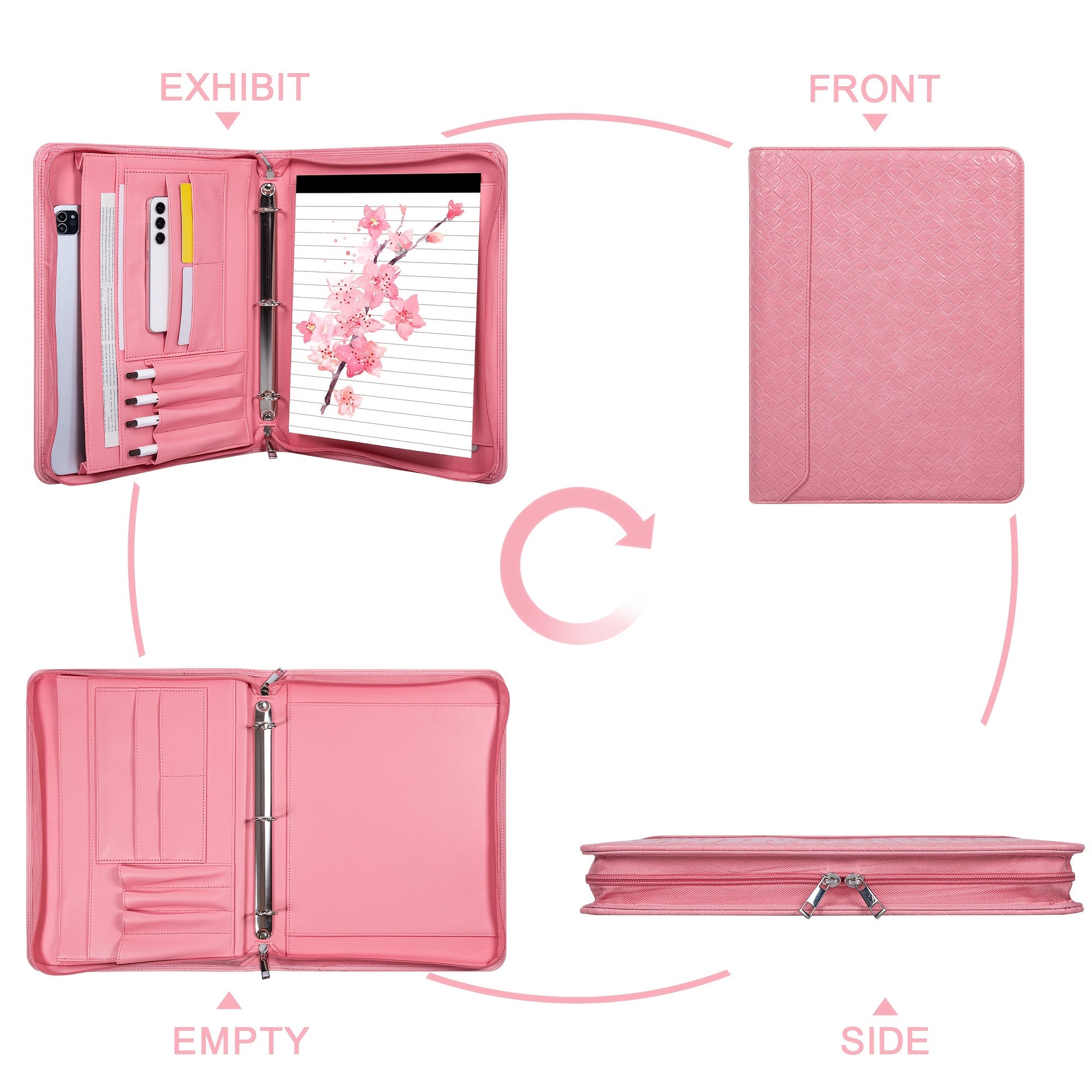 Vegan Leather Portfolio Binder 3-Ring Zipper with Laptop Pocket A4 Legal Work Organizer for Women Men Office School