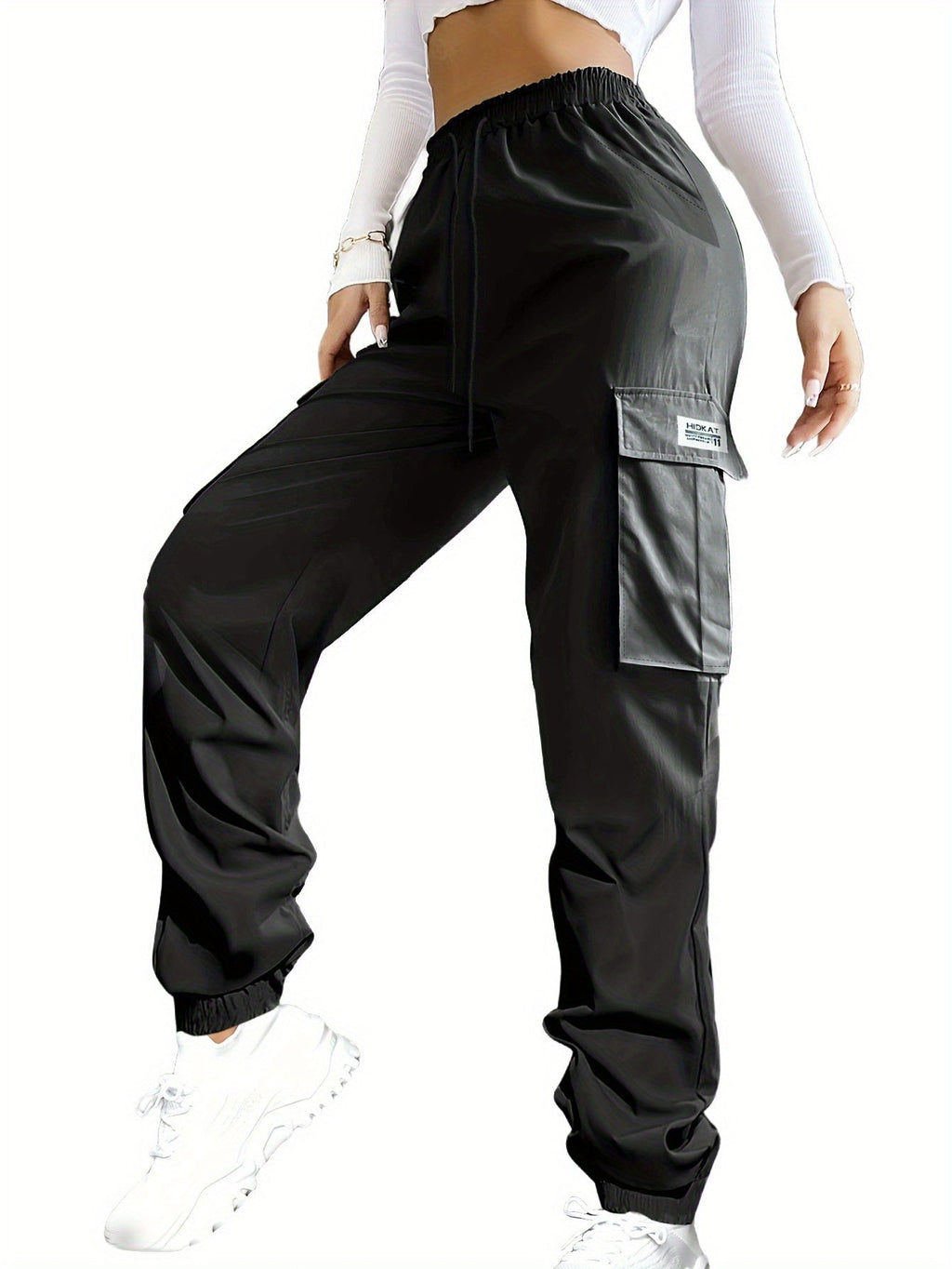 Women's Cargo Pants with Zippered Pockets – Elastic Drawstring Waist Large Pocket Casual Outdoor Trousers Black Grey Green Blue XS-XXL