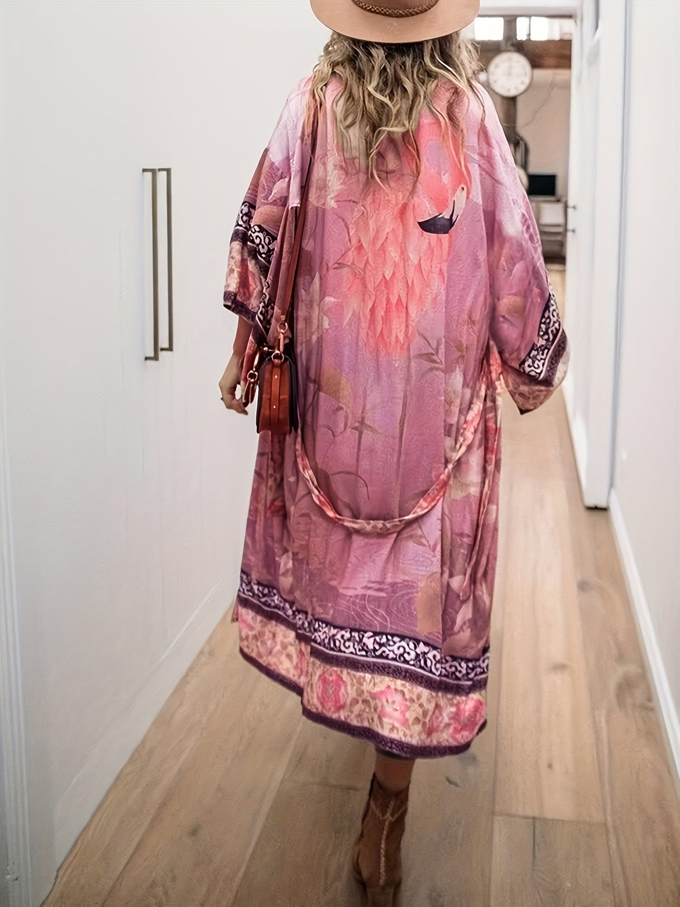 Women's Beach Kimono Cover Up Floral Crane Print Long Sleeve Loose Fit Cardigan Swimsuit Cover-Up for Beach Pool Resort Vacation One Size Light Purple Orange