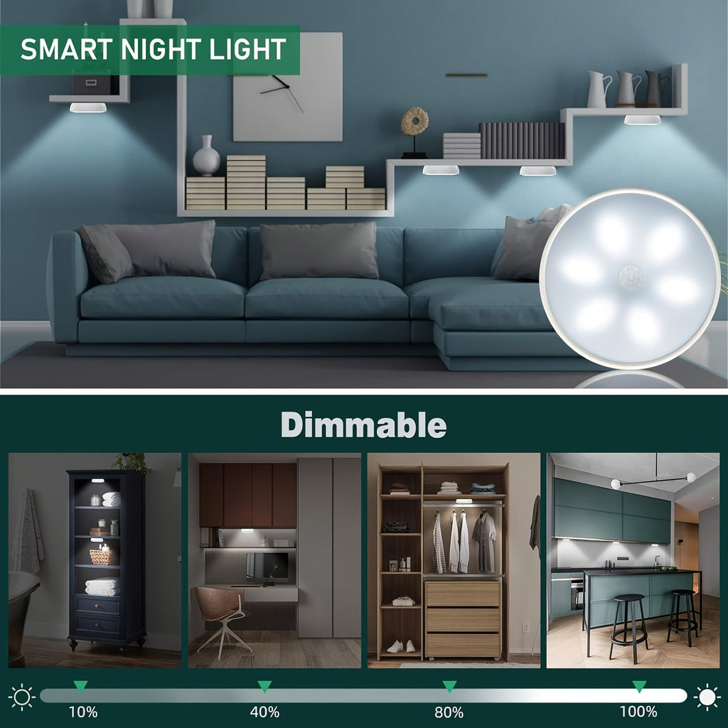 LED Motion Sensor Night Lights USB Rechargeable Wireless Wall Lamp Dual Mode Adjustable Brightness Magnetic Mount Under Cabinet Lighting for Kitchen Hallway Stairs Closet 6 or 12 Pack