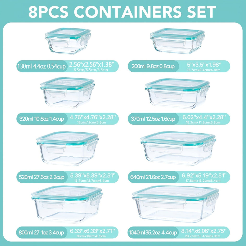 Borosilicate Glass Food Storage Containers 16-Piece Set 8 Sizes – Leak-Proof Lids, Oven Safe to 752°F, Microwave Dishwasher Freezer Safe, Stackable Meal Prep Containers for Leftovers & Lunch