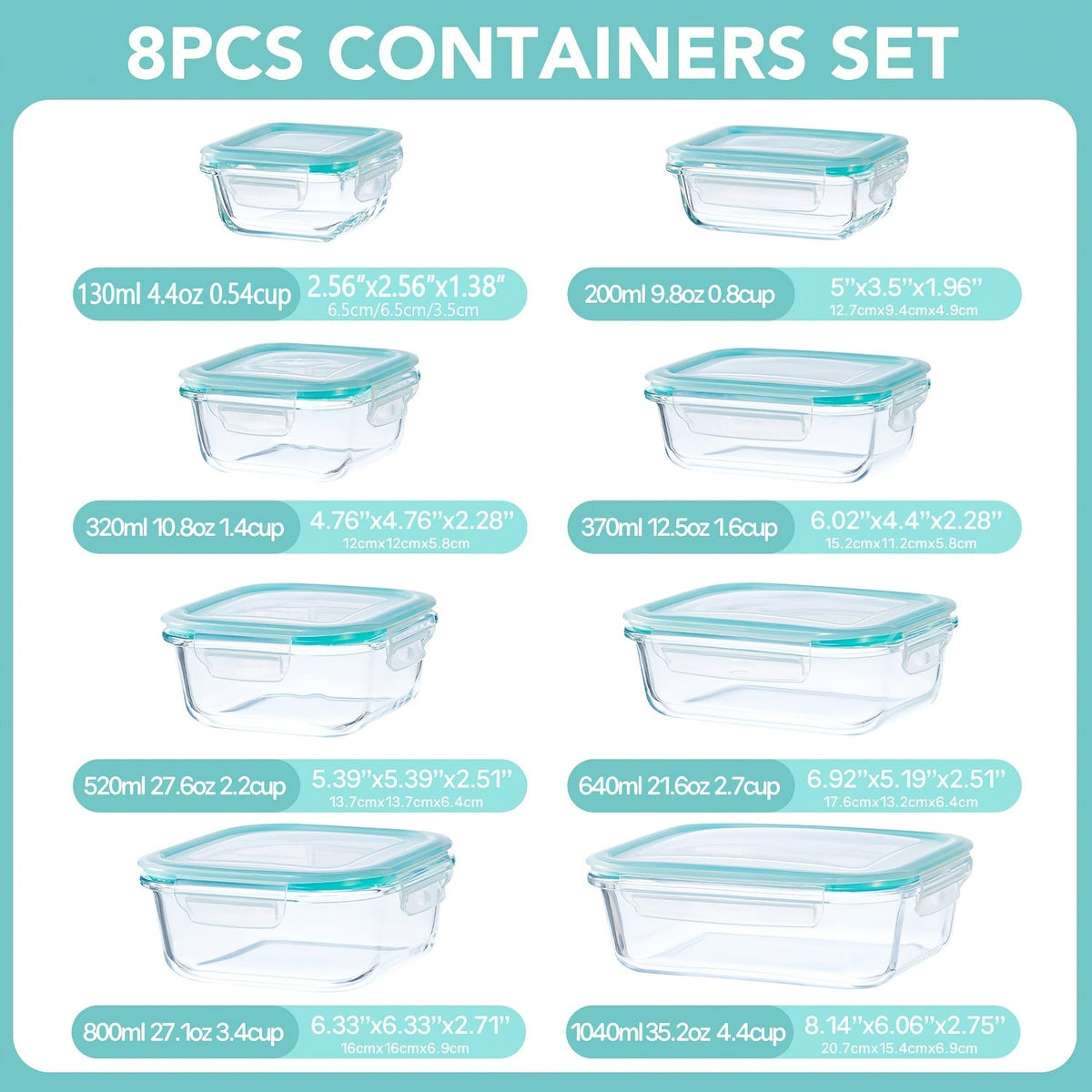 Borosilicate Glass Food Storage Containers 16-Piece Set 8 Sizes – Leak-Proof Lids, Oven Safe to 752°F, Microwave Dishwasher Freezer Safe, Stackable Meal Prep Containers for Leftovers & Lunch