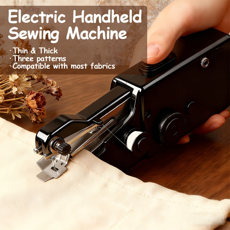 Compact Handheld Sewing Machine Kit Portable Battery Powered – Quick Repair Tool with Needles Bobbins Thread Spool Needle Threader and Fabric Sample for Clothes Garments Curtains and DIY Sewing Projects – White or Black