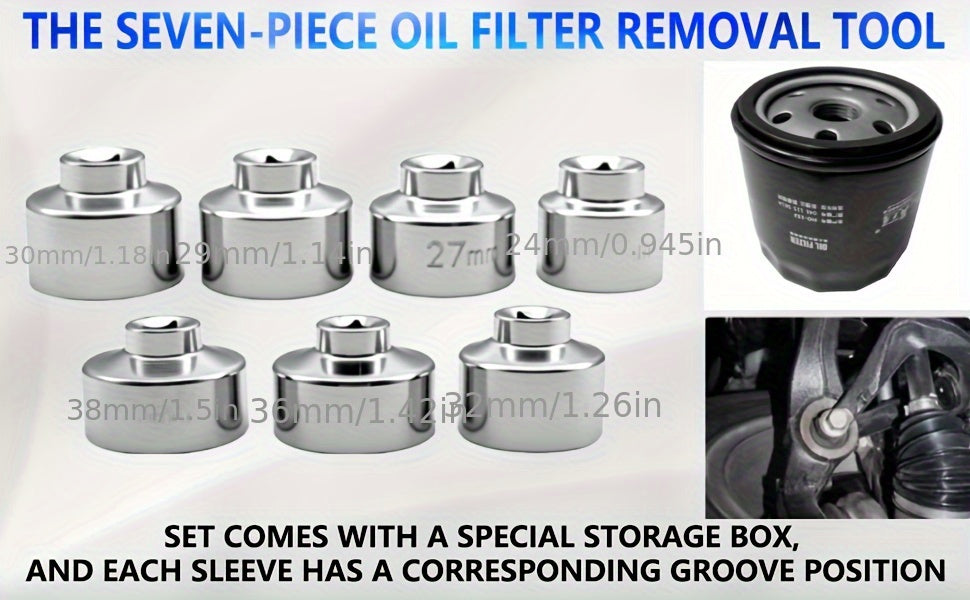 7 Piece Oil Filter Socket Wrench Set 3 8 Inch Drive CR-V Steel 24mm 27mm 29mm 30mm 32mm 36mm 38mm Universal Oil Filter Removal Tool Kit for DIY Car Oil Changes Mechanic Home Garage