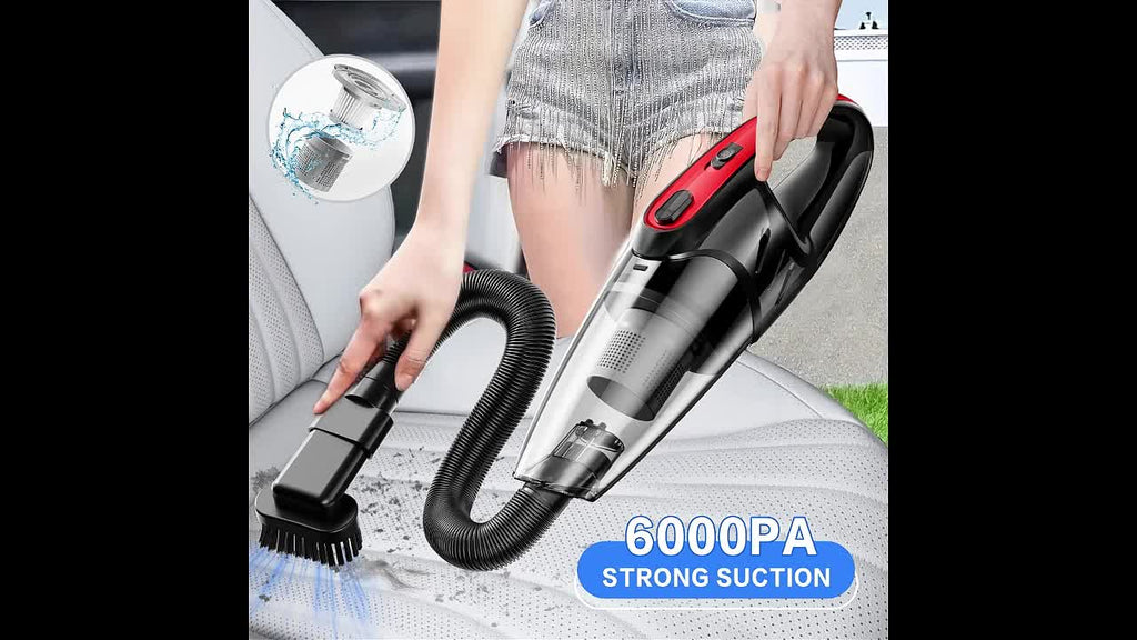 Handheld Car Vacuum Cleaner 6000PA Strong Suction 2000mAh Rechargeable Cordless 40dB Ultra Low Noise 5 Accessories One-Click Dust Cup for Car Interior Home Pet Hair Upholstery 6 Color Options