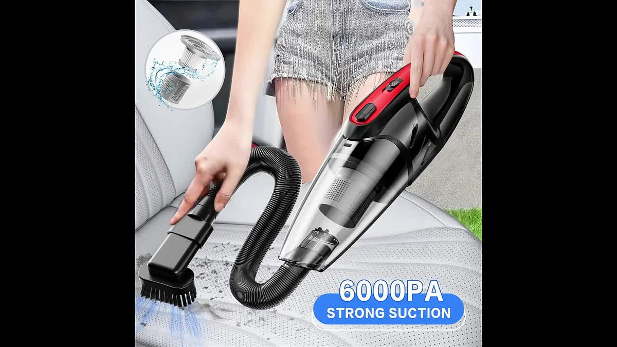 Handheld Car Vacuum Cleaner 6000PA Strong Suction 2000mAh Rechargeable Cordless 40dB Ultra Low Noise 5 Accessories One-Click Dust Cup for Car Interior Home Pet Hair Upholstery 6 Color Options