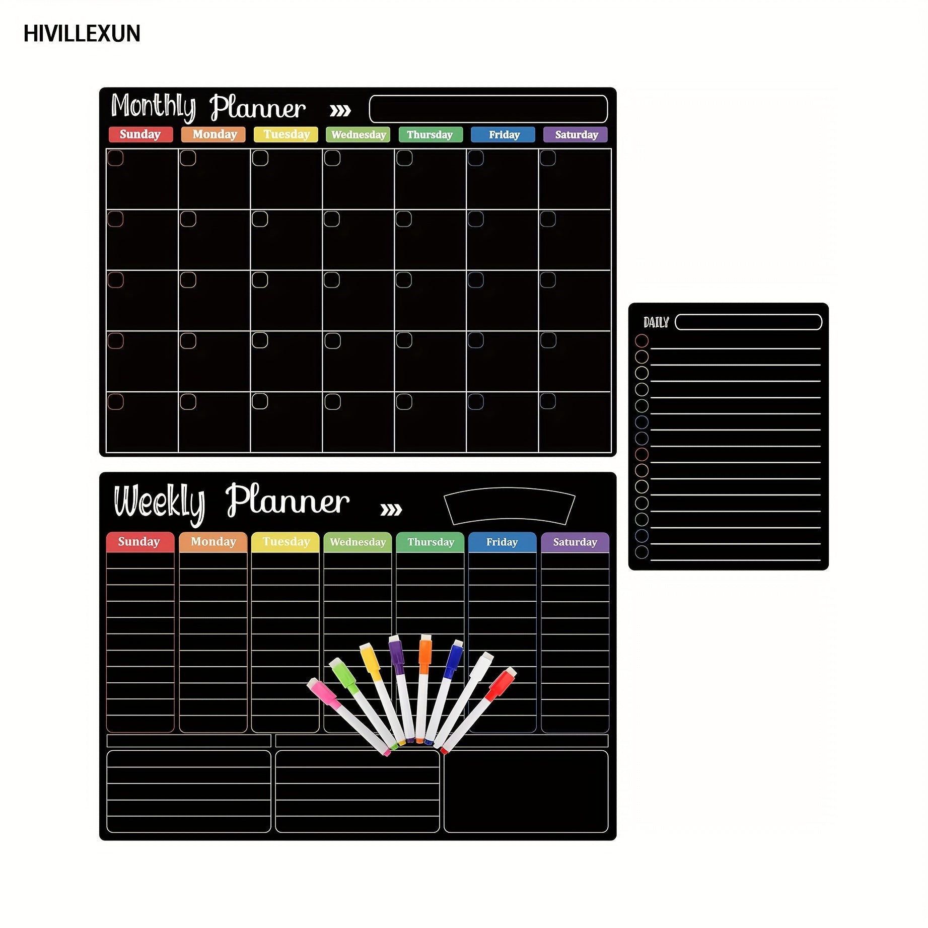 Magnetic Dry Erase Board Set of 3 for Fridge & Wall – Black Monthly Weekly Daily Planner Calendar with 8 Markers, Family Home Office Organizer by Hivillexun