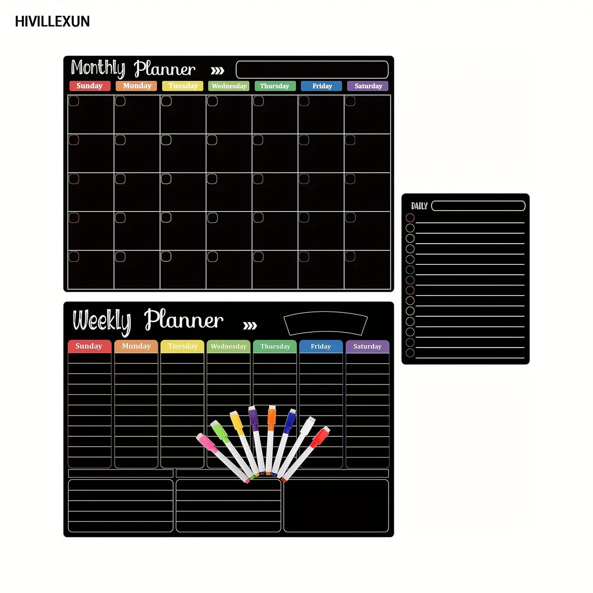 Magnetic Dry Erase Board Set of 3 for Fridge & Wall – Black Monthly Weekly Daily Planner Calendar with 8 Markers, Family Home Office Organizer by Hivillexun