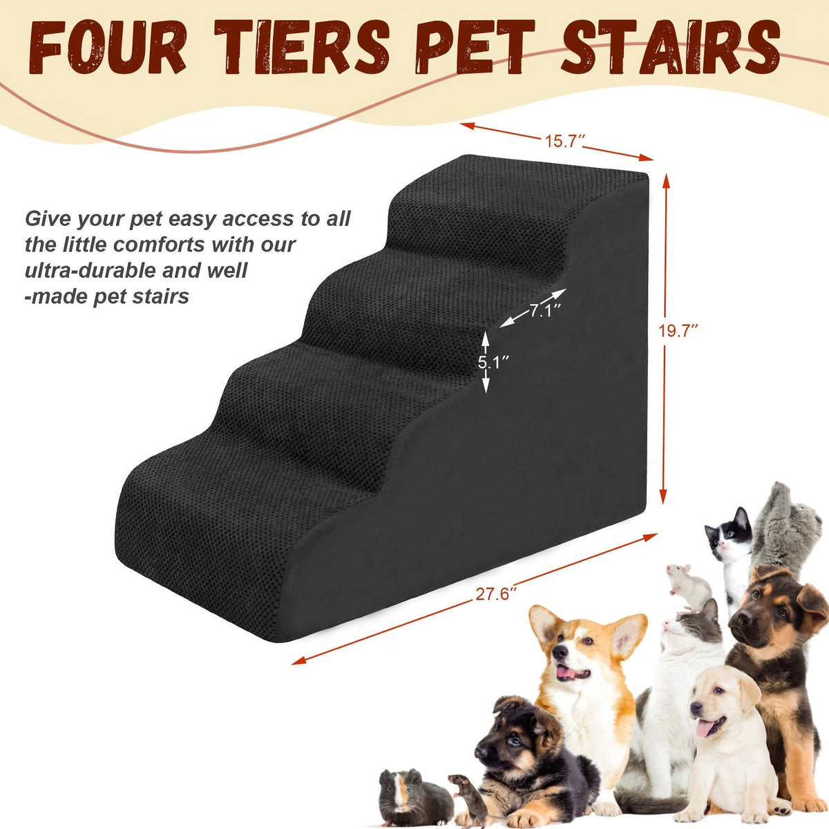 Memory Foam Dog Steps Pet Stairs 2 3 4 Step with Non-Slip Bottom & Washable Cover – Supportive Pet Steps for Sofa Bed, Great for Senior Dogs & Puppies, Multiple Colors