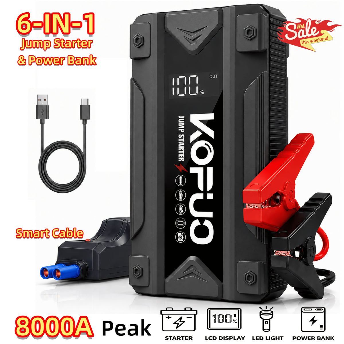 Portable Car Jump Starter with Air Compressor 20000A Peak 7 in 1 Battery Booster Pack 150PSI Tire Inflator Power Bank LED Light LCD Display Safety Hammer 12V Emergency Roadside Kit Car SUV Truck