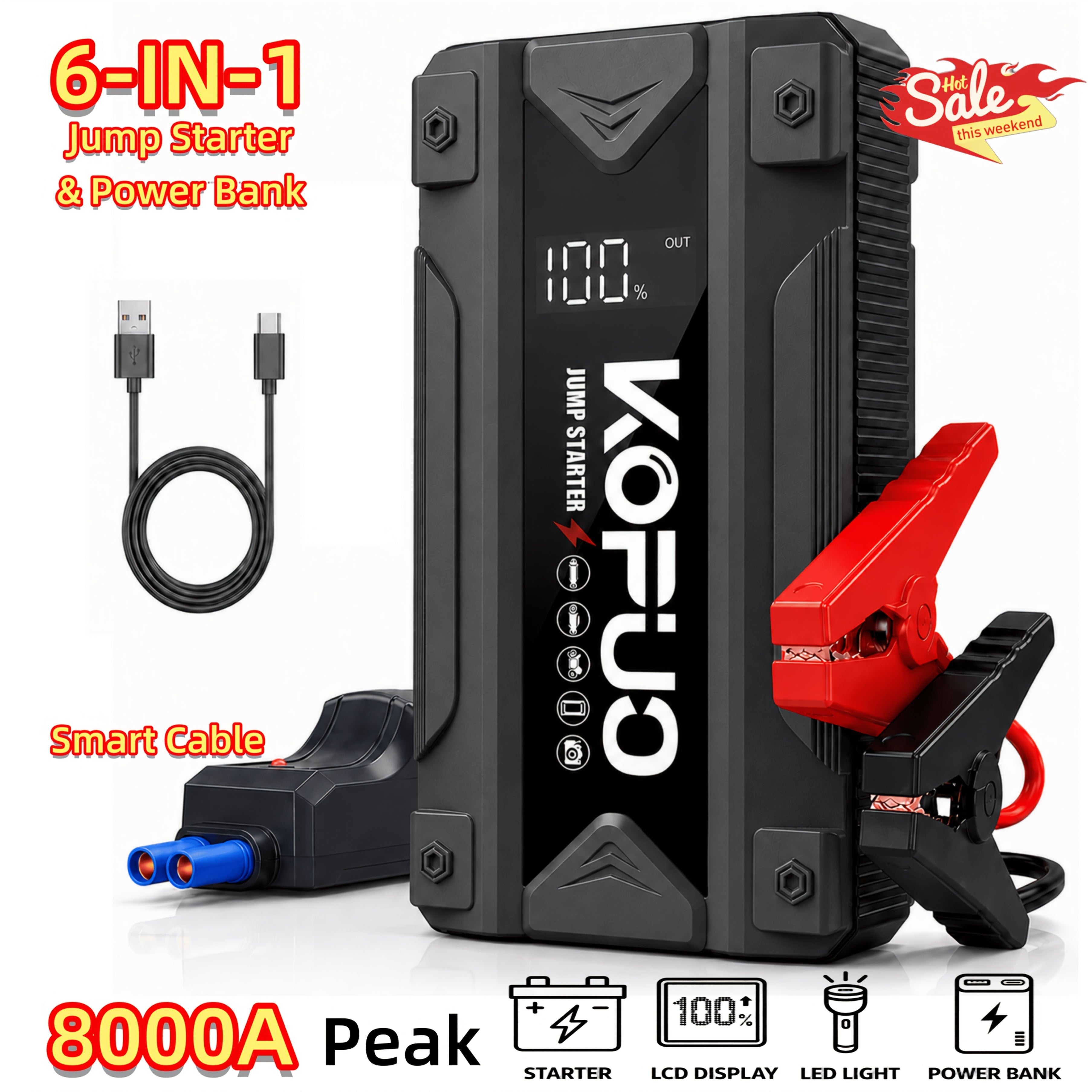 Portable Car Jump Starter with Air Compressor 20000A Peak 7 in 1 Battery Booster Pack 150PSI Tire Inflator Power Bank LED Light LCD Display Safety Hammer 12V Emergency Roadside Kit Car SUV Truck