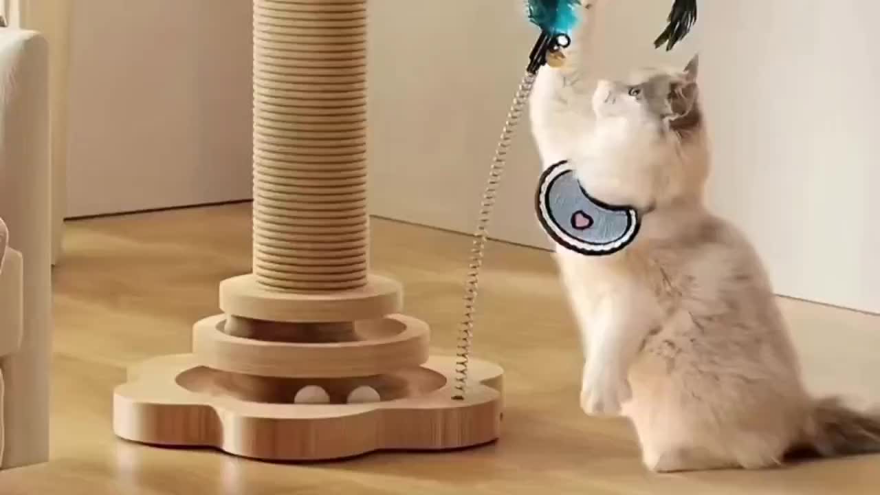 Wooden Cat Scratching Post 5-in-1 Solid Pine Base Tall Sisal Post 2-Level Track Ball Feather Toy Hanging Balls No-Debris Indoor Cat Activity Center Kittens Adults