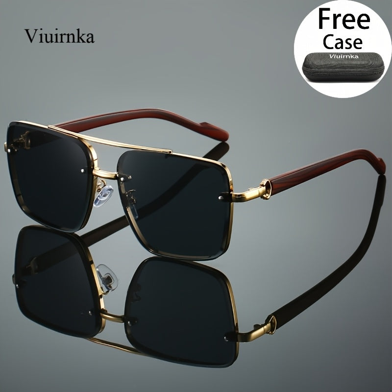 UV400 Square Sunglasses with Case for Men Women – Double Bridge Retro Wood Grain Frame, Polarized-Style Unisex Shades for Driving, Travel, Beach & Street Style, 7 Colors