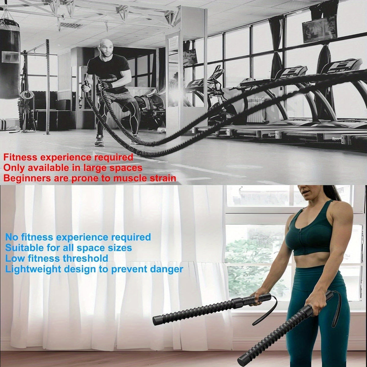 No-Anchor Cordless Battle Rope Set 2pcs – Portable HIIT Full Body Workout Combat Rope for Arm Strength & Cardio Training, Home Gym Fitness Equipment for Men & Women, Indoor Outdoor Exercise