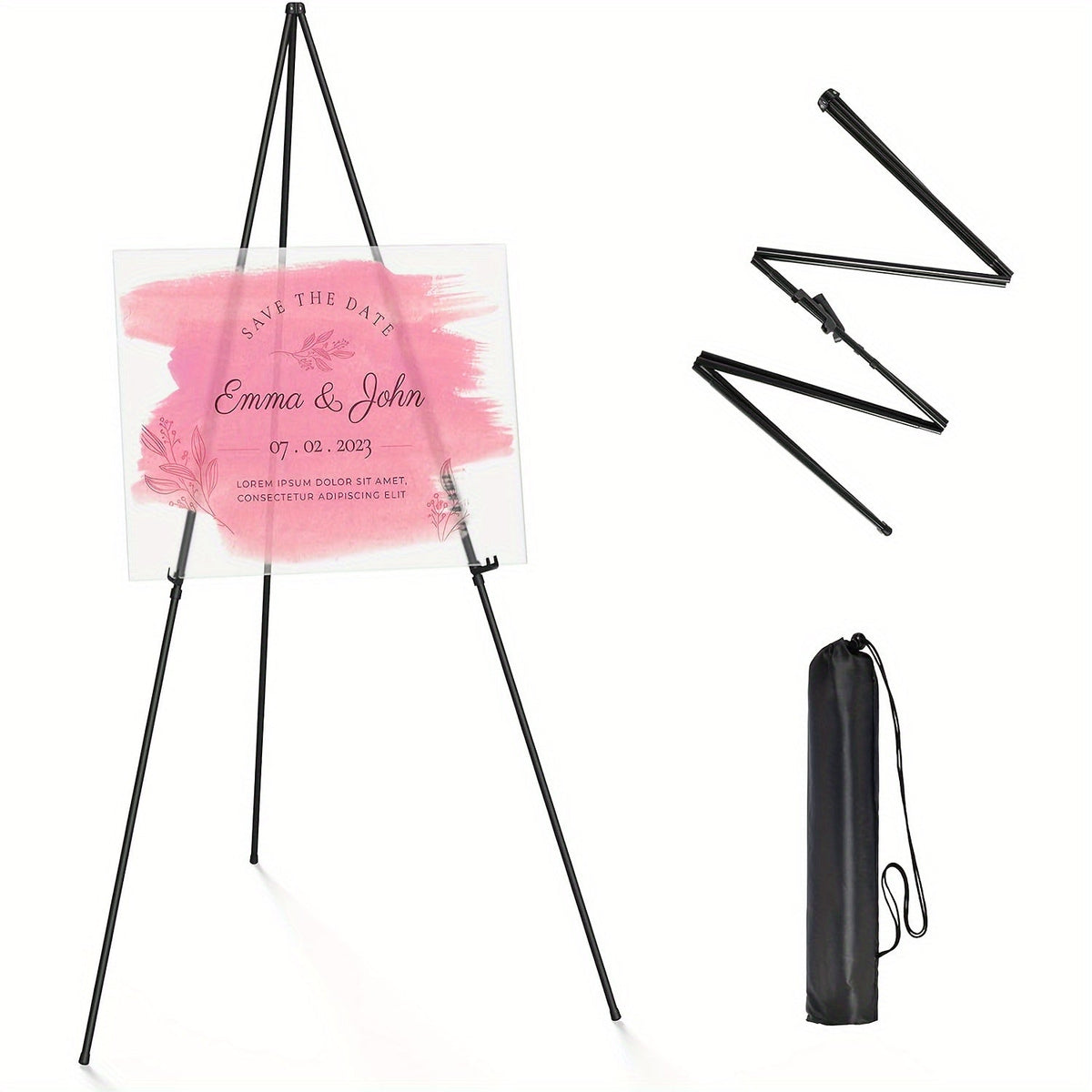 63 Inch Portable Tripod Easel Stand Foldable with Carrying Bag – Adjustable Metal Floor Easel for Wedding Signs Art Posters Painting Trade Shows Events – Black White Gold Silver Pink Single 2-Pack 3-Pack