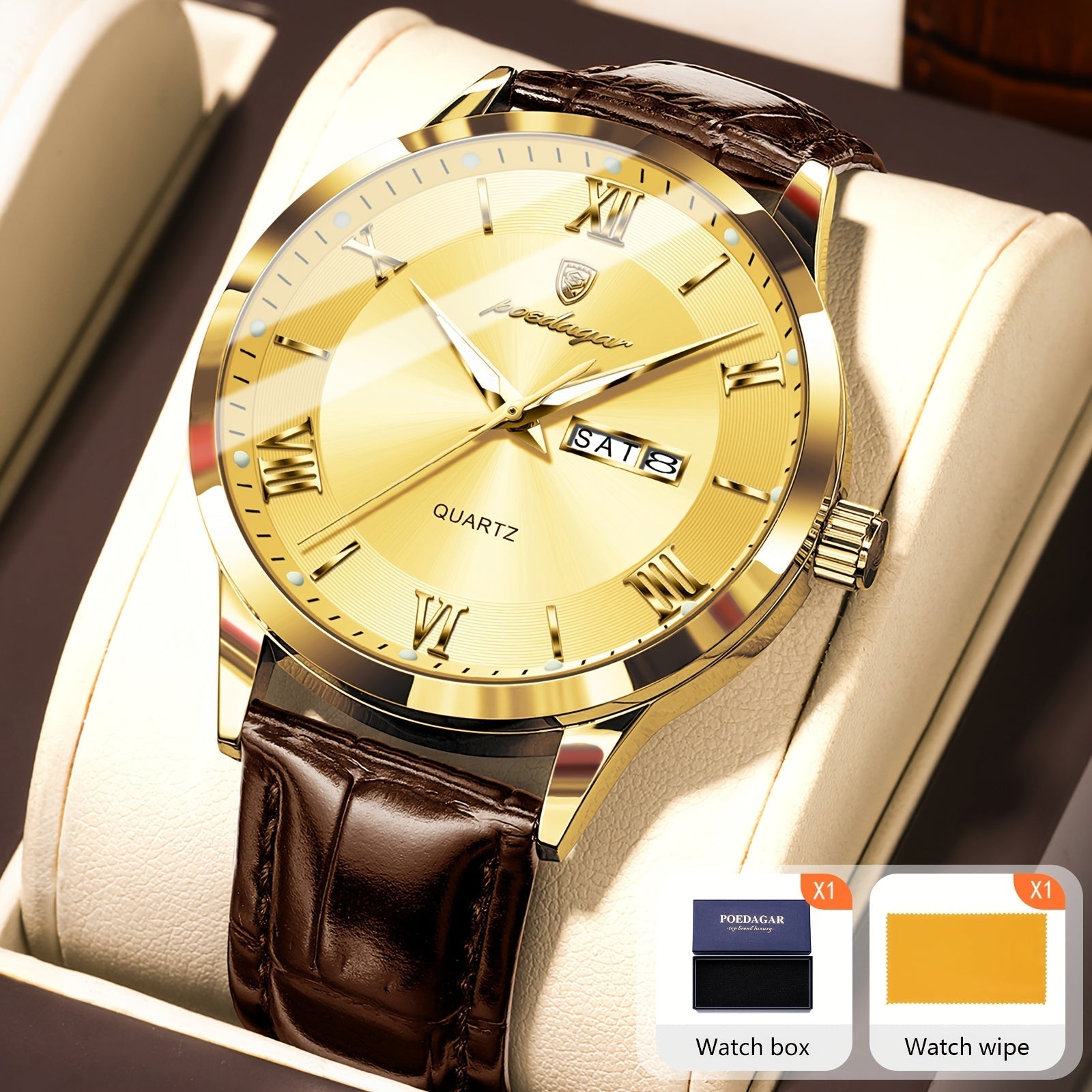POEDAGAR Men's Quartz Watch Waterproof Luminous Dial Calendar Week Display – Casual Sports Analog Wristwatch Alloy Case 11 Colors Silver Gold Black Blue Gift for Men