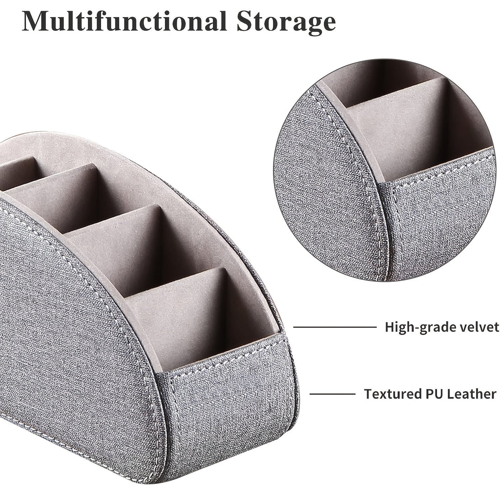 Remote Control Holder with 5 Compartments, Faux Leather Desktop Organizer Caddy for Living Room, Holds TV Remotes Pens Eyeglasses Makeup Brushes Office Stationery, Home Decor Storage Box Accessory