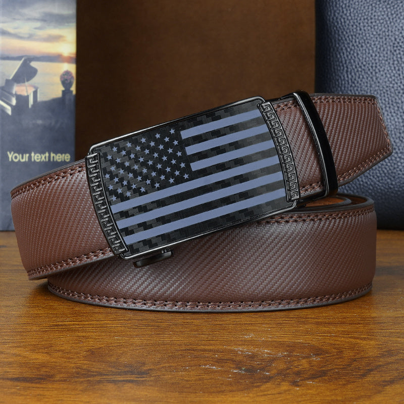 Set of 2 Men's Split Leather Ratchet Belts – American Flag Design with Automatic Slide Alloy Buckle, Adjustable Golf & Casual Dress Belts in Black & Brown, Sizes 110cm to 130cm (Waist 30"-44")