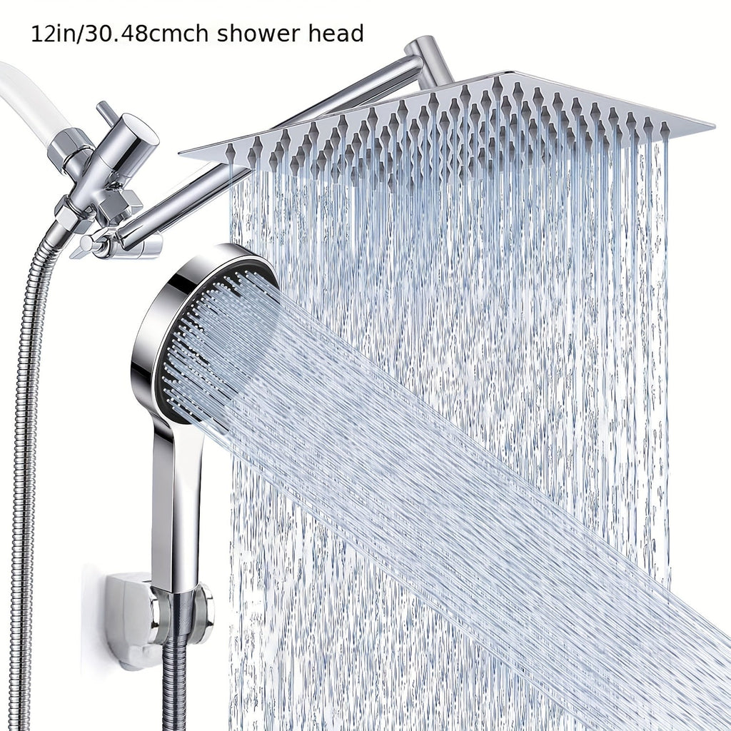 High Pressure Rainfall Handheld Shower Head Combo 8 10 12 Inch Extension Arm 9 Spray Settings 180 Degree Adjustable Anti-Leak Silicone Nozzles for Home Bathroom Upgrade Chrome Matte Black