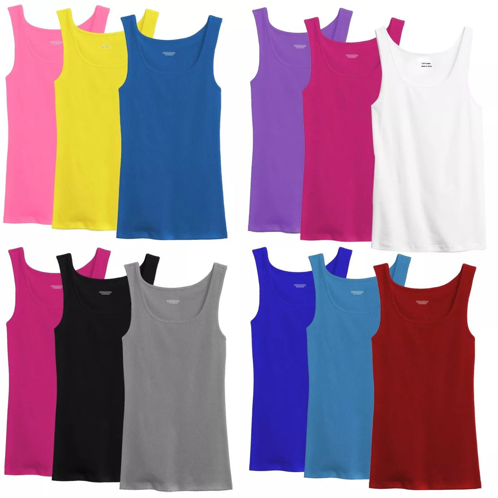 100% Cotton Ribbed Tank Top Women Tagless Sleeveless Undershirt Round Neck Multipack 3 6 9 12 Pcs Random Colors S-XXL