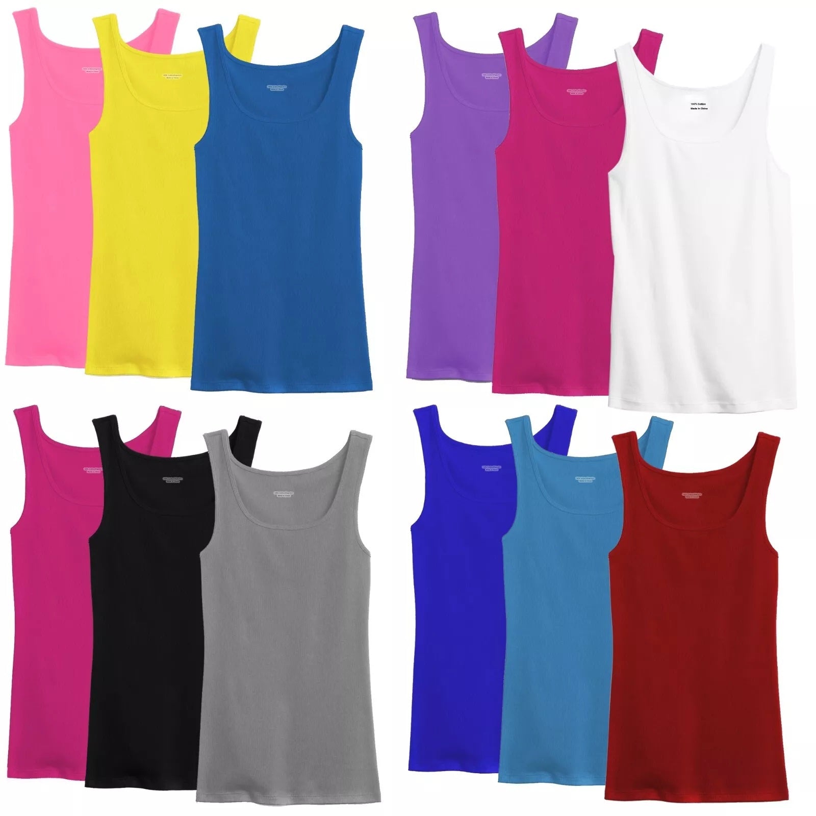 100% Cotton Ribbed Tank Top Women Tagless Sleeveless Undershirt Round Neck Multipack 3 6 9 12 Pcs Random Colors S-XXL