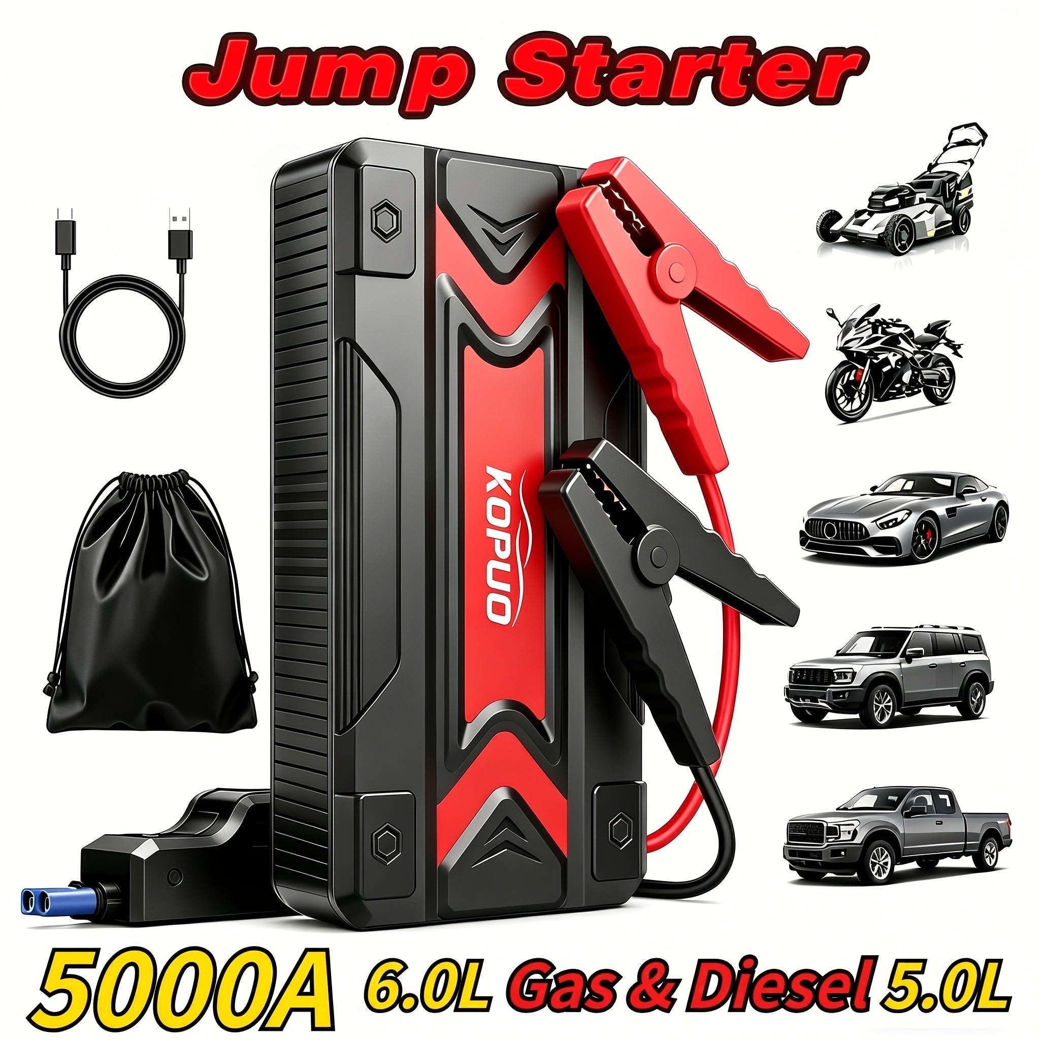 Portable Car Jump Starter with Air Compressor 20000A Peak 7 in 1 Battery Booster Pack 150PSI Tire Inflator Power Bank LED Light LCD Display Safety Hammer 12V Emergency Roadside Kit Car SUV Truck