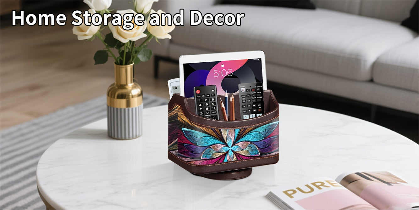 360 Swivel Remote Control Holder 5-Compartment PU Leather Desk Organizer for TV Remotes Phones Eyeglasses Pens Rotating Desktop Storage Caddy
