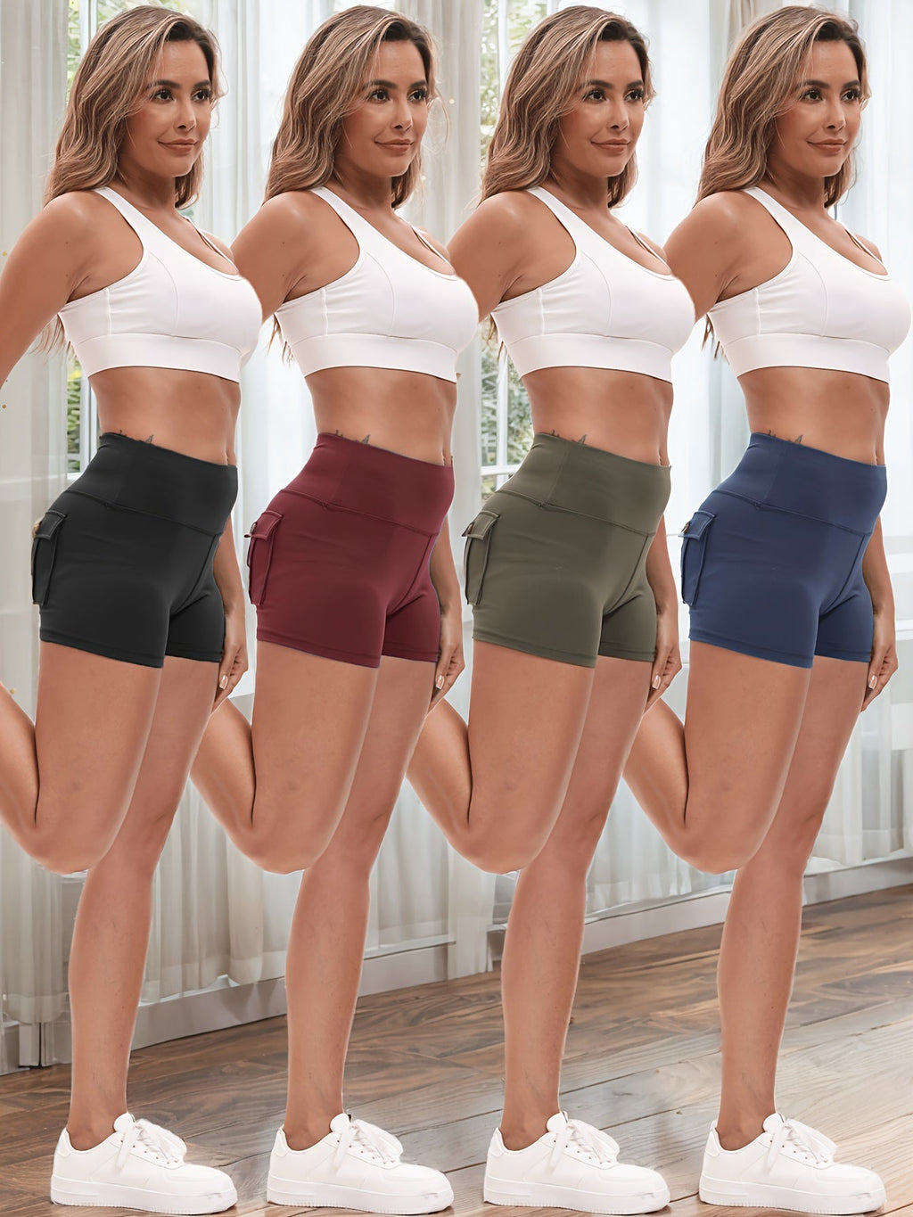 Women's Yoga Shorts 4 Pack High-Stretch Hip Lifting Quick-Dry – Fitness Athletic Shorts with Elastic Waist & 2 Pockets for Gym Running Pilates, Solid Color Set S-XXL