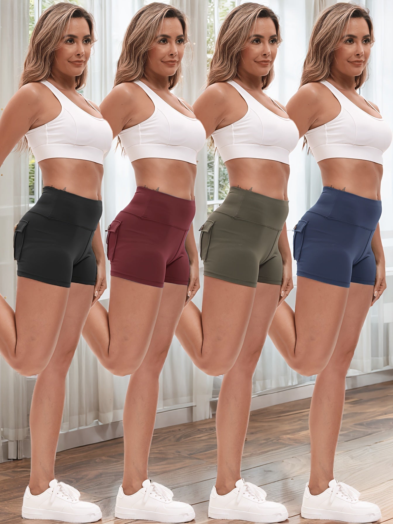 Women's Yoga Shorts 4 Pack High-Stretch Hip Lifting Quick-Dry – Fitness Athletic Shorts with Elastic Waist & 2 Pockets for Gym Running Pilates, Solid Color Set S-XXL