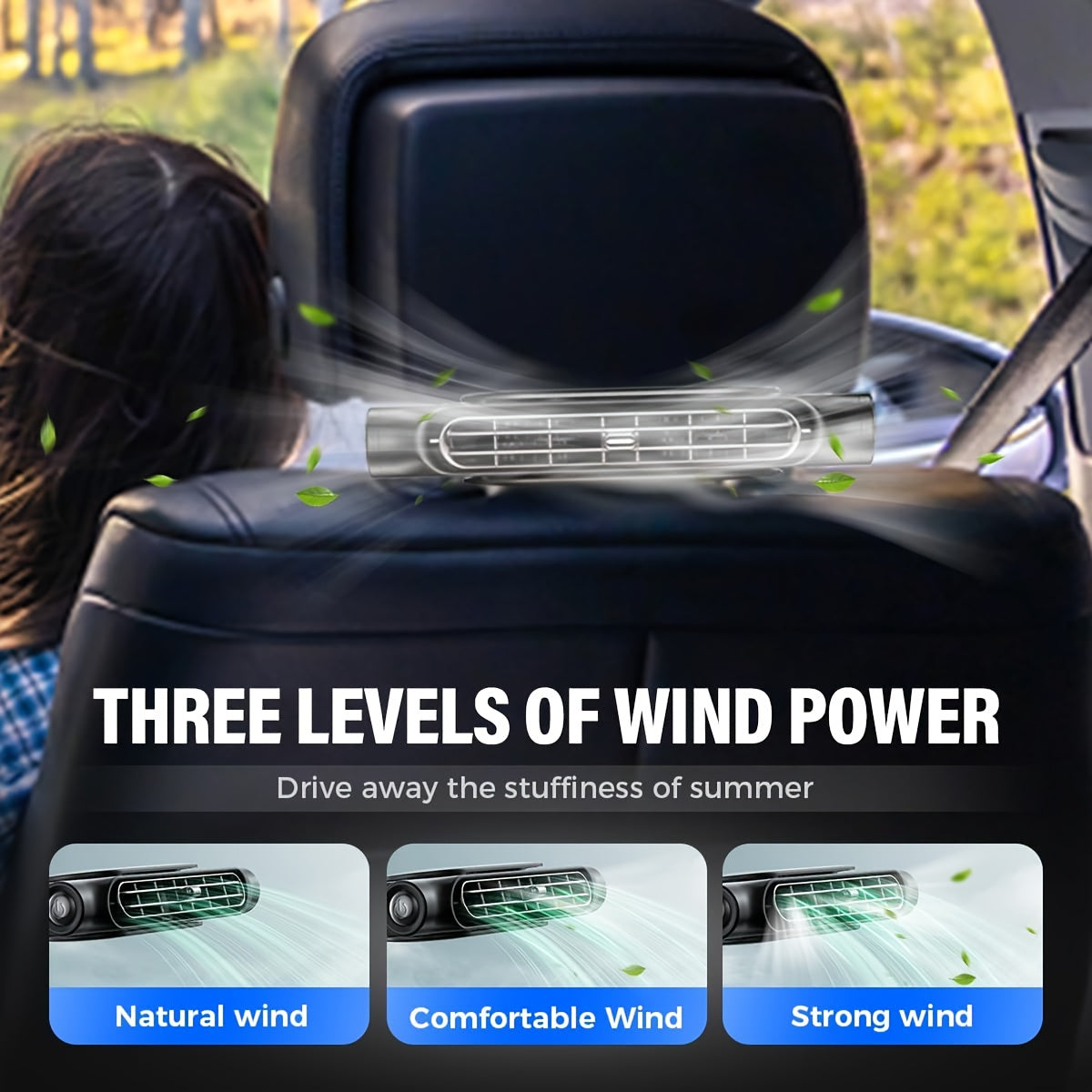 Bladeless USB Car Fan 3-Speed Quiet Cooling Plug-and-Play Seat Fan for Car SUV Truck Universal Fit Safe for Kids Pets Summer Driving Commute Road Trip White Black