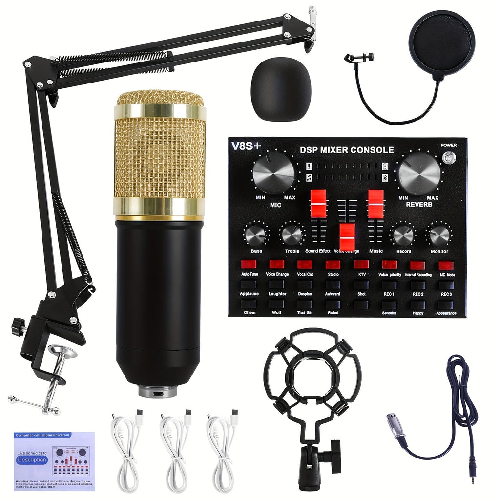 BM-800 Podcast Recording Studio Bundle with Live Sound Card, Voice Changer & Earphones – Complete Audio Interface Kit for Streaming, Vlogging & Live Broadcast, Multiple Models Available