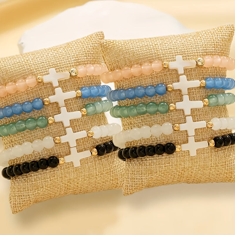 Cross Glass Bead Bracelet Set 10pcs Boho Stackable – Multi-Layer Elastic Wristbands with Zircon & Zinc Alloy Accents for Women, Elegant Spiritual Jewelry for Daily Wear, Parties & Gifting