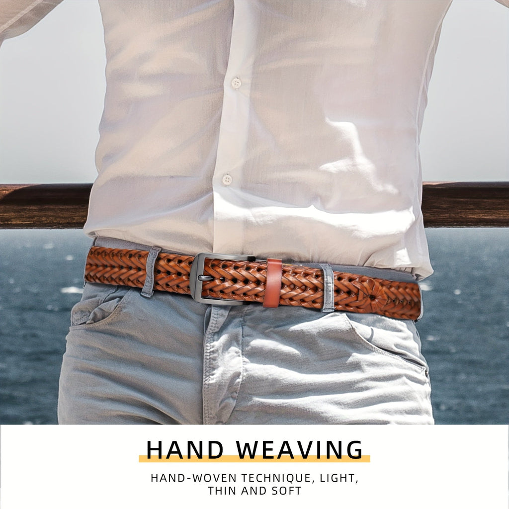 Men's Leather Braided Belt – Woven Hollow Design with Gold Zinc Alloy Buckle, Casual Dress Belt for Golf Pants Jeans Everyday Wear, Sizes 34" to 50", Great Gift for Dad