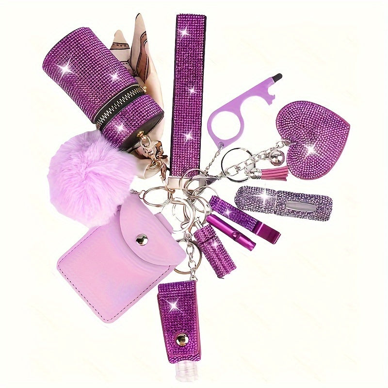 Rhinestone Keychain Set for Women 11 Piece – Multifunctional Keyring with Card Holder Pill Bottle Whistle Perfume Bottle Storage Bag & Quote Charms Gift for Her