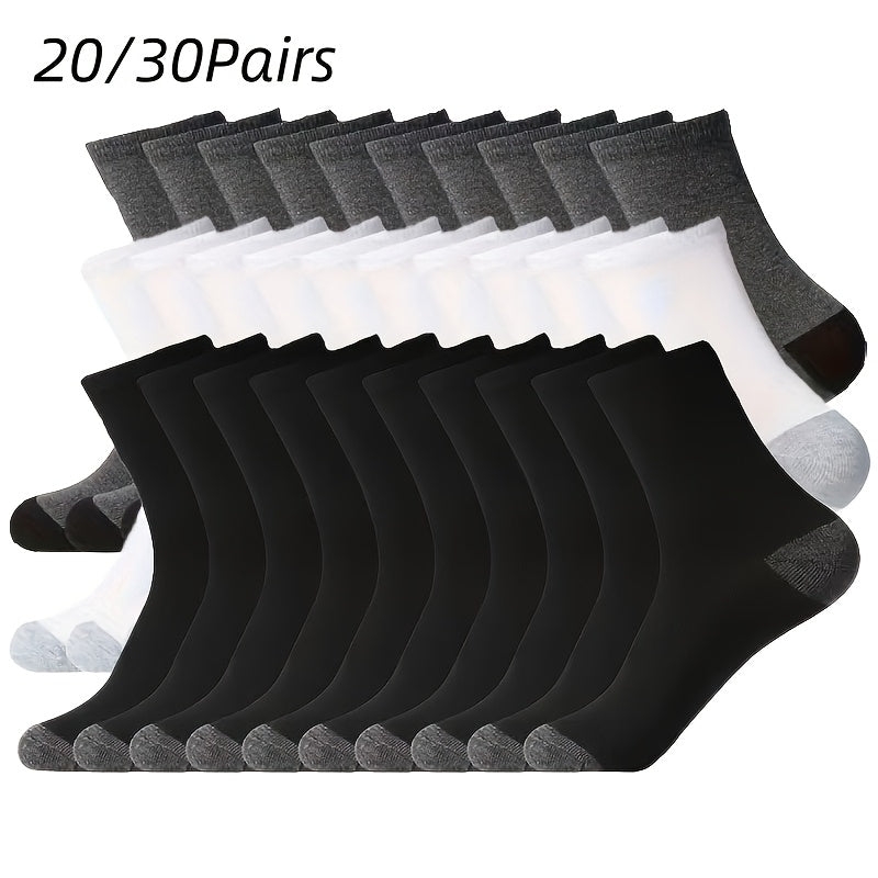 Men's Bulk Socks 20 or 30 Pairs Pack – Breathable Mid-Calf Athletic Crew Socks, Moisture-Wicking Sports Socks for Men, One Size Fits Most
